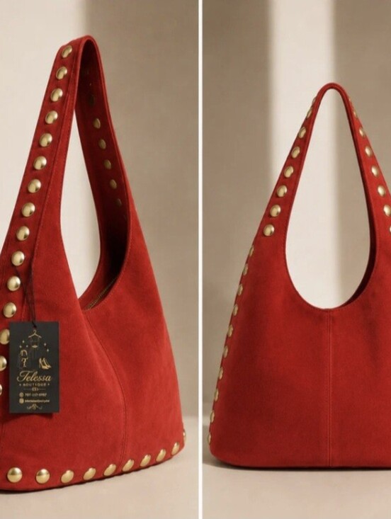 Handbags - Red Gold Studded Hobo Bag
